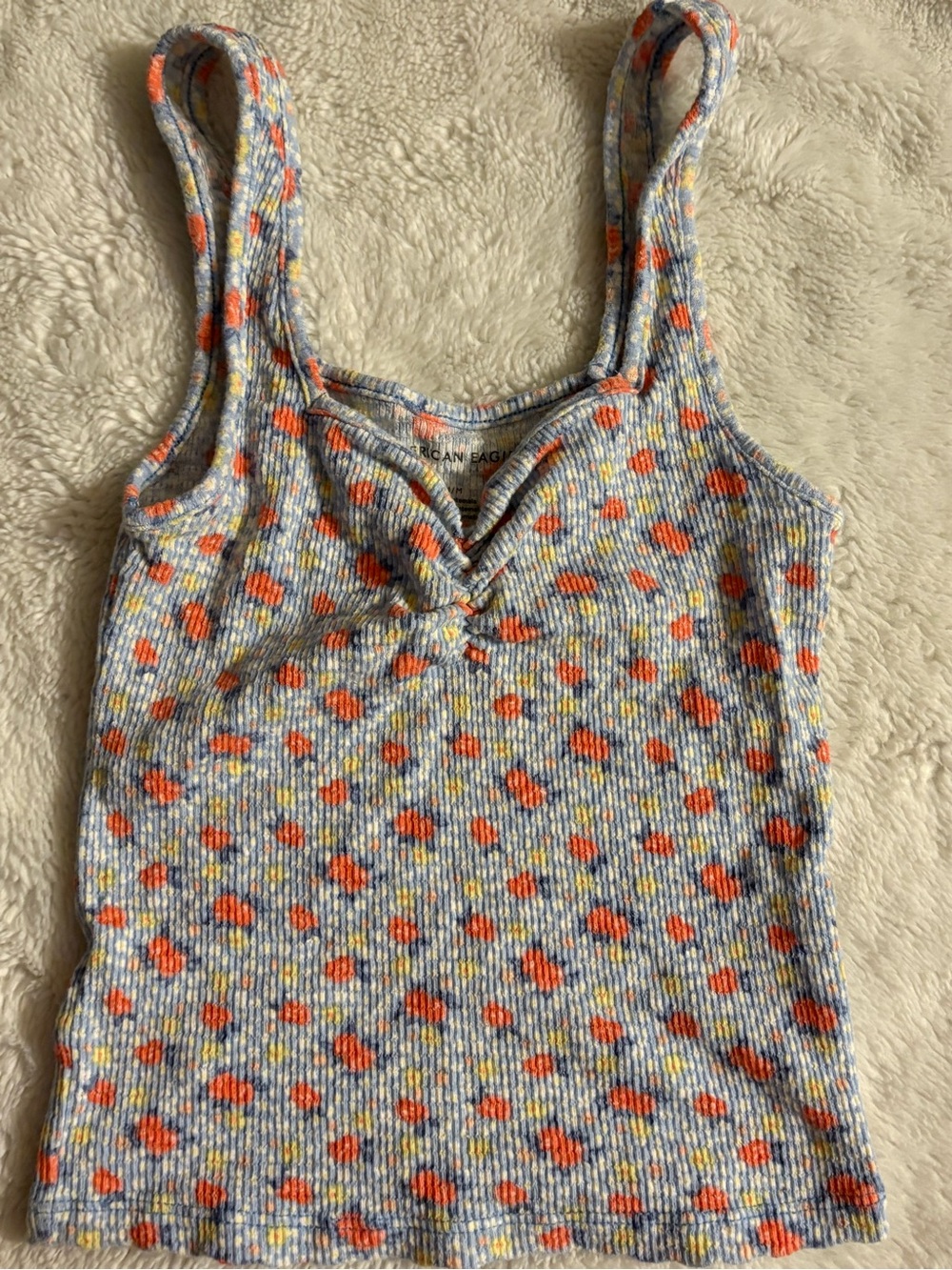 American Eagle Outfitters Blue Ribbed Tank with Orange Floral Dots